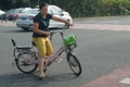 Riding a bicycle in a traffic intersection