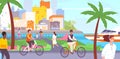 Riding bike on seaside. Man and woman cyclist ride to beach, people biking or walking in sea city tropical landscape Royalty Free Stock Photo