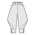 Riding breeches short pants technical fashion illustration with knee length, low normal waist, high rise, curved pocket