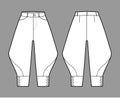 Riding breeches short pants technical fashion illustration with knee length, low normal waist, high rise, curved pocket