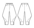 Riding breeches short pants technical fashion illustration with knee length, low normal waist, high rise, curved pocket