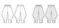 Riding breeches short pants technical fashion illustration with knee length, low normal waist, high rise, curved pocket