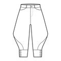 Riding breeches short pants technical fashion illustration with knee length, low waist, rise, curved pocket, buttoned.