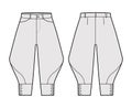 Riding breeches short pants technical fashion illustration with knee length, low waist, rise, curved pocket, buttoned.