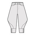 Riding breeches short pants technical fashion illustration with knee length, low waist, rise, curved pocket, buttoned.