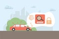 Riding car with security information vector flat illustration. Car alarm system with access levels, keys, password.