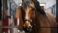 Riding a horse - muzzle of a horse in leather reins standing in a stable tied