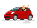 Riding on the machine. Happy blond woman rides in the car. Vector illustration in cartoon style Royalty Free Stock Photo