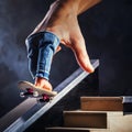 Riding a mini skateboard on a special track. Hand with fingerboard