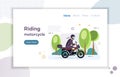 Riding motorbike website landing page cartoon vector