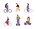 Riding people. Urban transport car scooter electric segway motorbike longboard skate garish vector flat characters