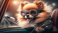 Riding Shotgun: Adorable Pomeranian Dog with Aviator Goggles on a Motorcycle Sidecar