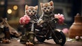 Riding in Style: Two Kitten Bikers with Gray Jackets amidst Pink Flowers AI Generated