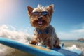 Riding the Swells: Happy Yorkshire Terrier Surfs with Style and Smiles - Generative AI