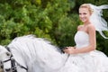 Riding to meet her white knight on the special day. A gorgeous young bride riding a white horse on her wedding day. Royalty Free Stock Photo