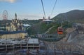 Riding on Vinpearl cable car approaching Hon Tre Island under major construction near sunset, Nha Trang, Vietnam