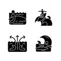 Riding wave using board black glyph icons set on white space Royalty Free Stock Photo