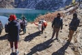 Riding yak with saddle among tourists and tamers in winter in Tashi Delek near Gangtok. North Sikkim, India.