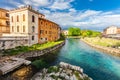 Rieti, city of central Italy. Fiume Velino with ancient houses and Roman bridge at the bottom