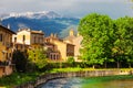 Rieti, city of central Italy. Fiume Velino with ancient houses and the Terminillo mountain at the top Royalty Free Stock Photo