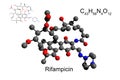 Chemical formula, structural formula and 3D ball-and-stick model of antibiotic rifampicin