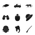 Rifle, mask, map of the territory, diamonds and other equipment. African safari set collection icons in black style Royalty Free Stock Photo