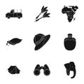 Rifle, mask, map of the territory, diamonds and other equipment. African safari set collection icons in black style Royalty Free Stock Photo