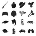 Rifle, mask, map of the territory, diamonds and other equipment. African safari set collection icons in black style Royalty Free Stock Photo