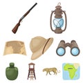 Rifle, mask, map of the territory, diamonds and other equipment. African safari set collection icons in cartoon style Royalty Free Stock Photo