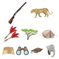 Rifle, mask, map of the territory, diamonds and other equipment. African safari set collection icons in cartoon style Royalty Free Stock Photo