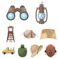 Rifle, mask, map of the territory, diamonds and other equipment. African safari set collection icons in cartoon style