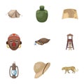 Rifle, mask, map of the territory, diamonds and other equipment. African safari set collection icons in cartoon style