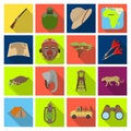 Rifle, mask, map of the territory, diamonds and other equipment. African safari set collection icons in flat style