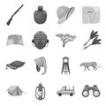 Rifle, mask, map of the territory, diamonds and other equipment. African safari set collection icons in monochrome style Royalty Free Stock Photo