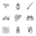 Rifle, mask, map of the territory, diamonds and other equipment. African safari set collection icons in monochrome style Royalty Free Stock Photo