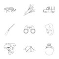 Rifle, mask, map of the territory, diamonds and other equipment. African safari set collection icons in outline style Royalty Free Stock Photo