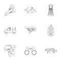 Rifle, mask, map of the territory, diamonds and other equipment. African safari set collection icons in outline style