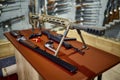 Rifles and pistols on counter in gun store Royalty Free Stock Photo