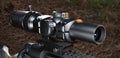Rifle scope on a gun outdoors in the fall Royalty Free Stock Photo