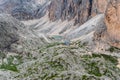 Rifugio Antermoia hut and Lago di Antermoia lake in Dolomites mountains in Italy