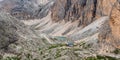 Rifugio Antermoia and Lago di Antermoia from Mantel hill summit in DOlomites mountains in Italy