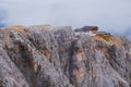 Rifugio guest house,Dolomites to the Lagazuoi Mountains in the background of the beautiful Pelmo, Averau and Lastoi de Formin Royalty Free Stock Photo