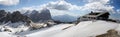 Rifugio Lagazuoi, Cable Car Station, Dolomites at sunset. Falzarego Pass, Dolomiti. Royalty Free Stock Photo