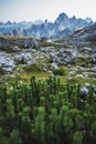 Rifugio Lavaredo and di Cadini mountains in background, Sesto Dolomites, Trentino, Alto-Adige, South Tyrol, Italy Royalty Free Stock Photo