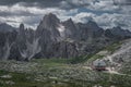 Rifugio Lavaredo mountain cabin during day in front of Dolomite Alps mountains at Three Peaks in Italy from above