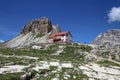 The Rifugio Locatelli and the Tre Cime di Lavaredo Three Peaks . Dolomites, Italy. Royalty Free Stock Photo