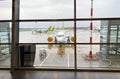 Riga airport, view of Air Baltic airplanes parked, Riga, Latvia