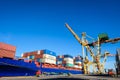 Riga, Latvia - April 20, 2022: Baltic Container Terminal in Freeport of Riga. Riga harbour, Latvia. Container ships in a