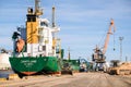 Riga, Latvia - April 20, 2022: Freeport of Riga. Riga harbour, Latvia. Ships in a port. Defocused