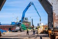 Riga, Latvia - April 20, 2022: Freeport of Riga. Riga harbour, Latvia. Ships in a port. Defocused